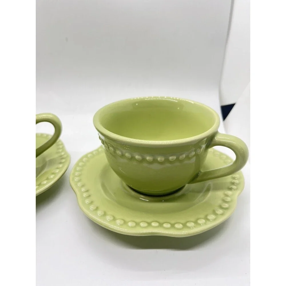 SET OF 2 POTTERY BARN EMMA GREEN BEADED CUP & SAUCER SETS PORTUGAL